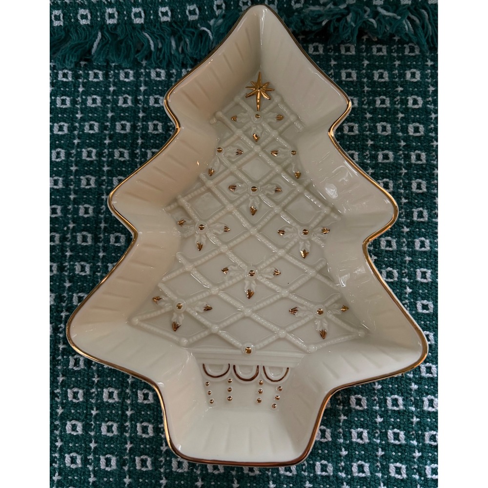 Formalities by Baum Bros Ivory Gold Porcelain Christmas Tree Trinket Candy Dish